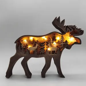 Figurine de cerf en bois avec guirlande LED silhouette de forêt décoration de Noël salon