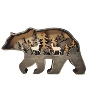 Ornement d'ours en bois sculpté avec forêt et cerf décoration multicouche maison 1pc