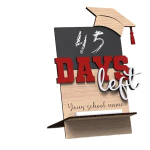 Wooden graduation countdown sign plaque with chalkboard and academic cap decor main view.