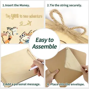Detail van de houten geschenkdoos met duidelijke montage instructies en touwtje.
