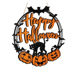 Halloween Holzschild Türhänger mit schwarzer Katze und Kürbis für Wanddekoration