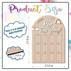 Tableau photo en bois pour premier an bébé avec douze fentes mois et arc-en-ciel.