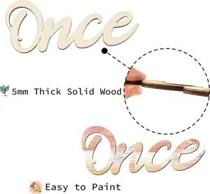 Wooden once letter sign detail showing 5mm solid wood thickness and easy paint feature.