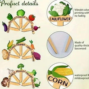Wooden plant labels with vegetable illustrations, waterproof and durable garden markers.