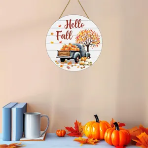 Thanksgiving autumn pumpkin wooden door sign, rustic maple leaf wall hanging decor