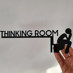 Black acrylic thinking room toilet wall sign, funny bathroom decor piece and minimalist art.