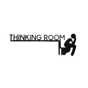 Black metal wall art sign with thinking room text and toilet silhouette for home bathroom decor.