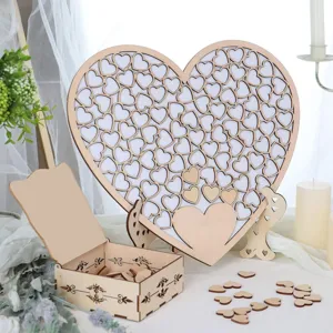 Set de libro de firmas de boda de madera en forma de corazón, decoración rústica detalle.
