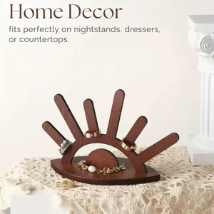 Wooden eye-shaped ring display stand detail showing elegant jewelry organization on nightstands.