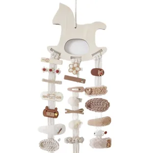 Nordic wooden rocking horse hairpin storage organizer with cute hair clips for girls room decor