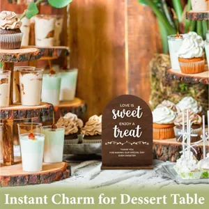 Rustic wooden arch table sign for wedding dessert table party decoration detail view