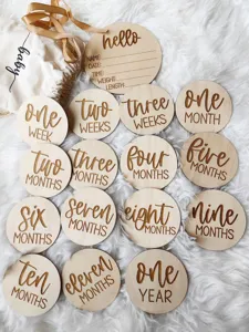 Wooden baby milestone cards set with storage bag newborn photography props laser engraved wood.