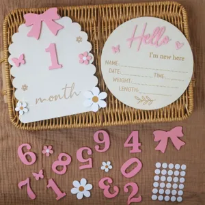 Wooden baby milestone cards set newborn monthly growth record wooden slices prop photography.