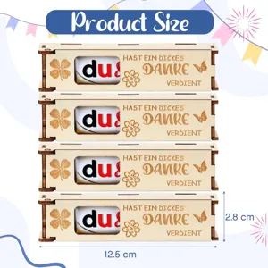 Caja de regalo de madera para chocolate con texto grabado, ideal para fiestas y eventos.