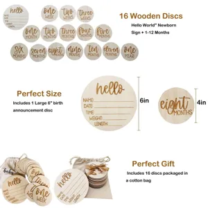 Wooden milestone discs set for newborn baby photography, laser engraved wooden cards.