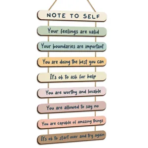 Inspirational wooden hanging wall sign with positive quotes, rustic home decor plaque.