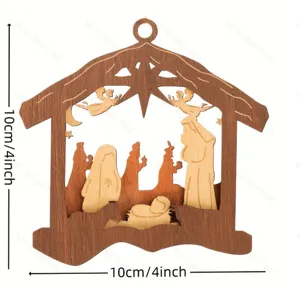 Wooden Nativity Christmas ornament, hanging wood carved festival decoration for holiday home.
