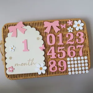 Wooden baby milestone photo props monthly milestone cards set for newborn photography tracking.