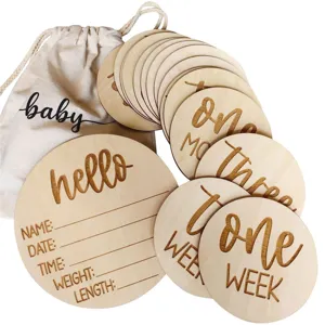 Wooden baby milestone cards set with storage bag, laser engraved newborn photo props details.
