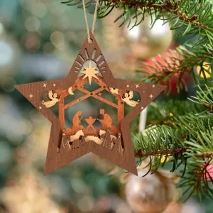 Wooden Nativity Scene Christmas Star Hanging Ornament Tree Decor Holiday Gift Idea