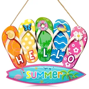 Hawaiian style flip flop shaped wooden hanging sign for summer beach home wall decor.