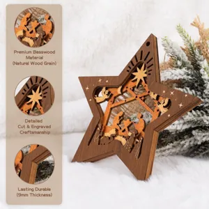 Detailed view of the wooden Christmas nativity star ornament showing premium basswood.