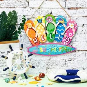 Hawaiian style wooden flip-flop hanging sign with Hello Summer text for wall home decor