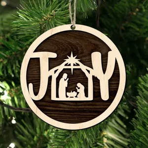 Wooden Christmas nativity ornament hanging detail, rustic holiday tree decoration with cutout JOY text.