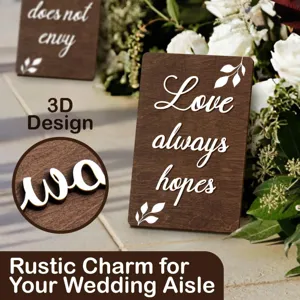 Rustic wooden wedding place card with 3D raised white lettering for banquet table decor.