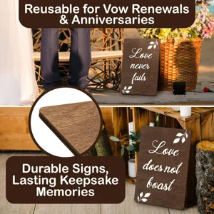 Wooden wedding table sign detail showcasing natural wood texture and clear white print.
