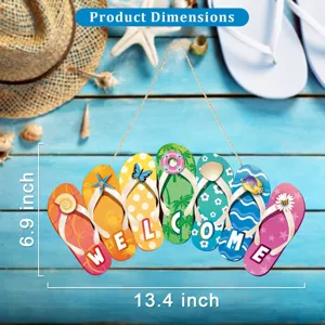 Close-up detail of tropical wooden flip-flop welcome hanging sign for summer beach decor.