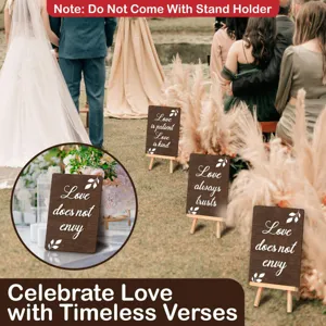 Wooden wedding table place cards with romantic quotes, perfect for rustic banquet decor.