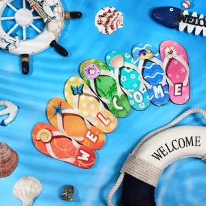 Hawaiian style wooden flip flop welcome sign, colorful beach doorplate wall hanging decor.