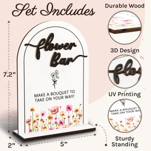 Wooden flower bar table sign with 3d lettering and stand for wedding party decor 7.2in