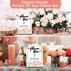 Wooden arch table sign for wedding floral bar decoration, elegant tabletop place card display.