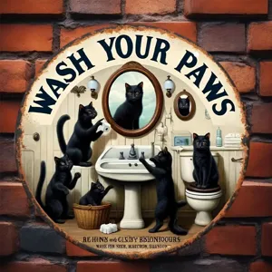Vintage black cat bathroom wall sign rustic wooden plaque funny wash your paws home decor hanging art