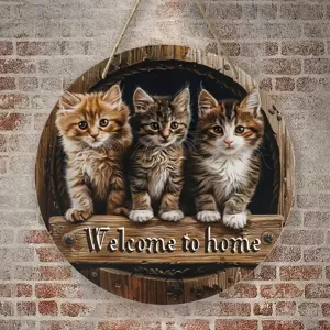 Wooden hanging sign featuring cute kittens and welcome message for home door decoration