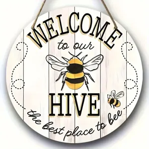 Rustic wooden hanging sign featuring a cute bee design and welcome text for farmhouse home decor.