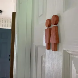 Wooden restroom door sign set, modern bathroom wall decor, male and female figures.