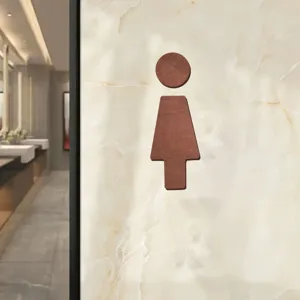 Wooden female toilet sign detail, stylish wall decor for restroom, minimalist style.