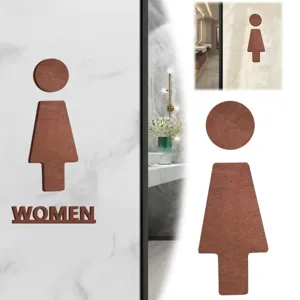 Wooden women toilet sign wall decor detail view, modern bathroom wooden craft symbol display.