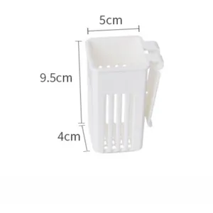Vue détaillée du panier suspendu en plastique blanc pour aquarium avec dimensions.