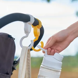 Universal stroller hooks with 360 degree rotation and strap for bags and bottles.