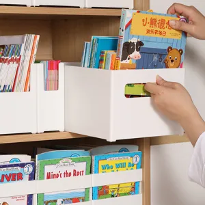 Witte plastic boeken opbergdoos met handvat voor kinderprentenboeken organisator plank.