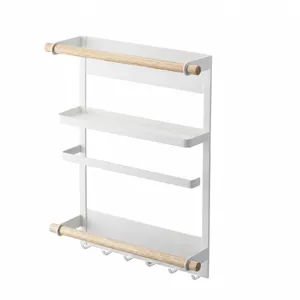 Detail du rangement lateral magnetique pour refrigerateur, dimensions, metal et bois.