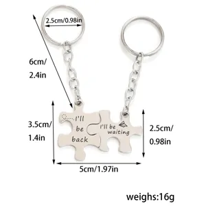 Stainless steel couple puzzle keychain set, engraved matching love key rings, durable metal.