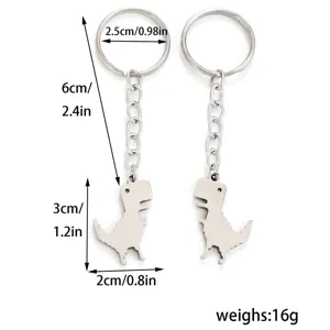 Stainless steel dinosaur keychain detail view showing precise dimensions and lightweight design.