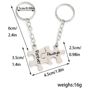 Stainless steel couple puzzle keychain detail showing precise dimensions, rings and pendant size.
