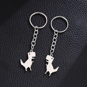 Stainless steel dinosaur keychain detail view, featuring a sleek silver cute animal pendant.
