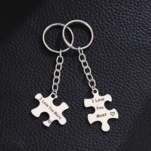 Stainless steel puzzle couple keychain close up, engraved romantic love quote design.